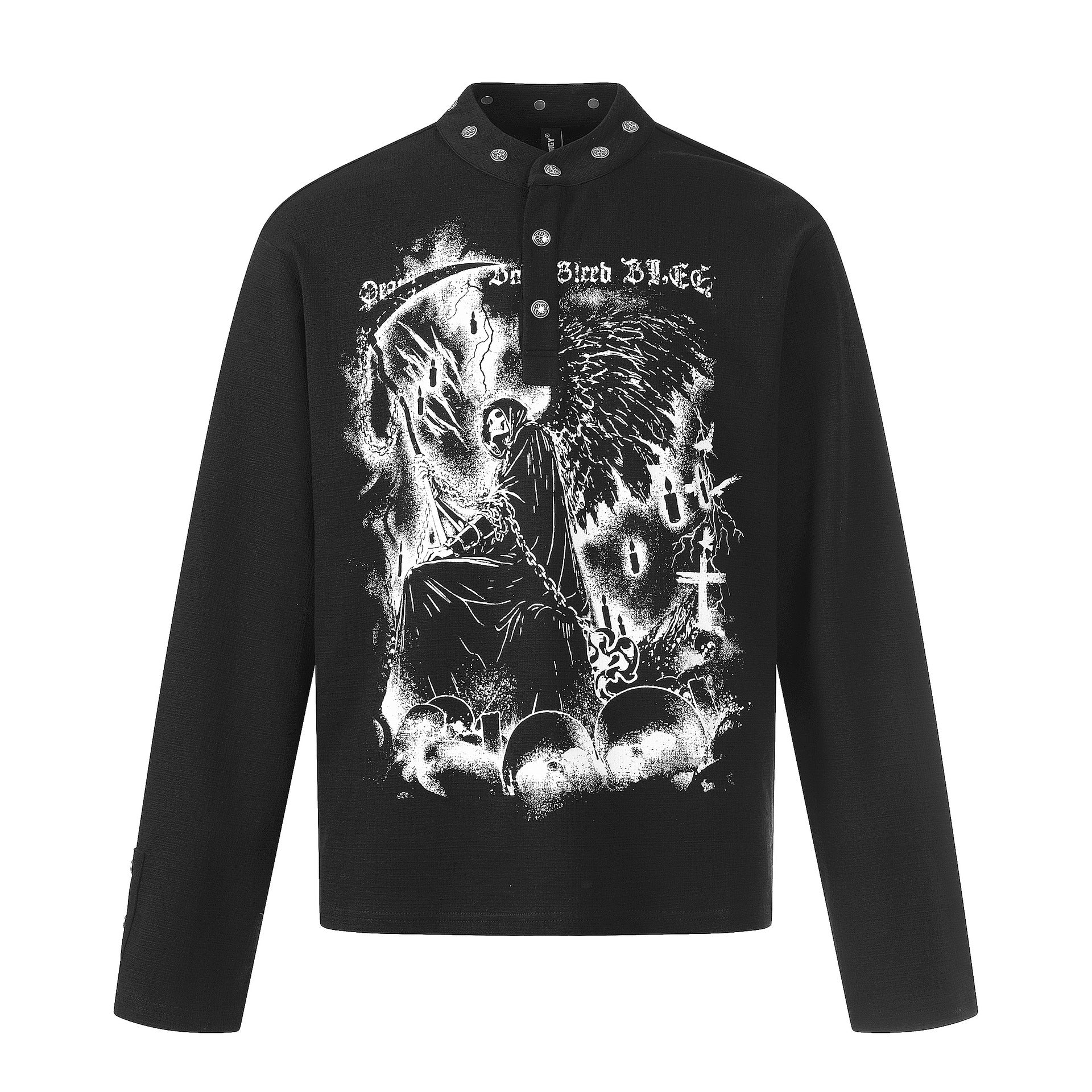 Chemise gothique à manches longues avec motif Faucheur et col officier clouté