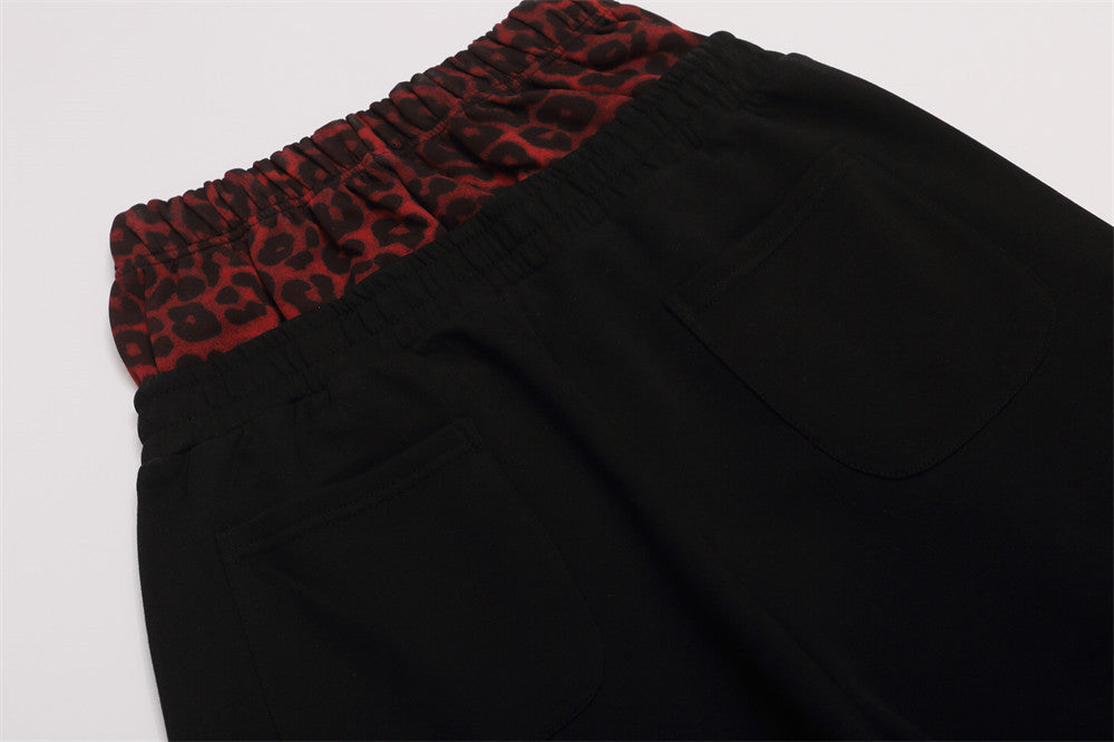 Wide-Leg Sweatpants with Leopard Print Double Waistband & Side Studs