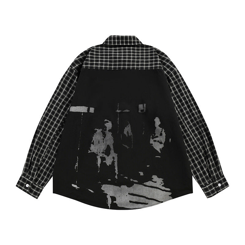 Plaid Patchwork Shadow Print Long Sleeve Shirt – Oversized Punk Street Style