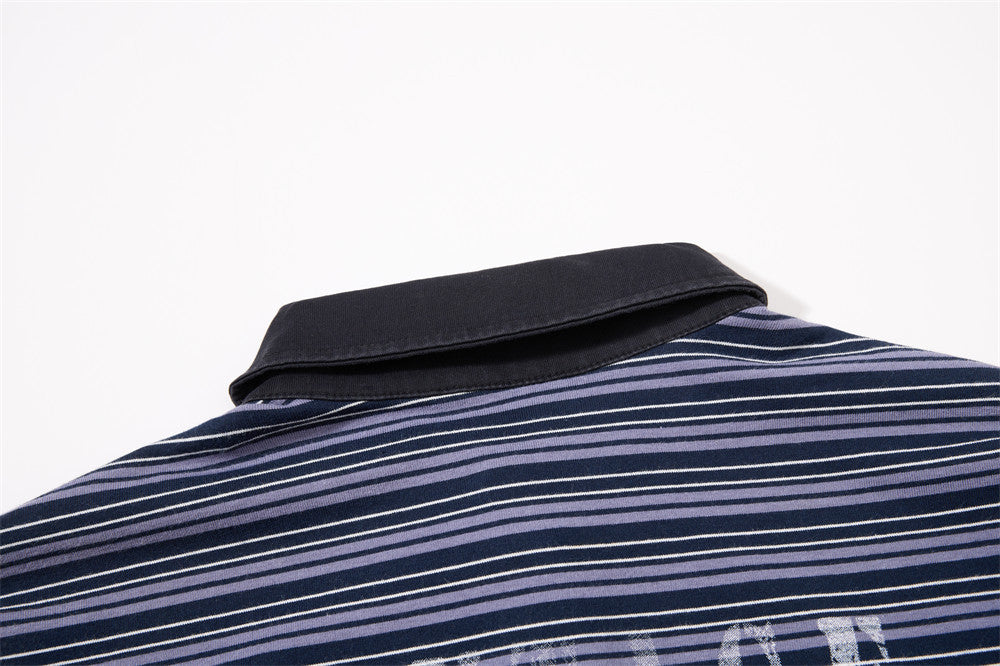 Herren-Poloshirt in Navyblau, Langarm – Vintage-Streifen, verwaschen und Relaxed Fit