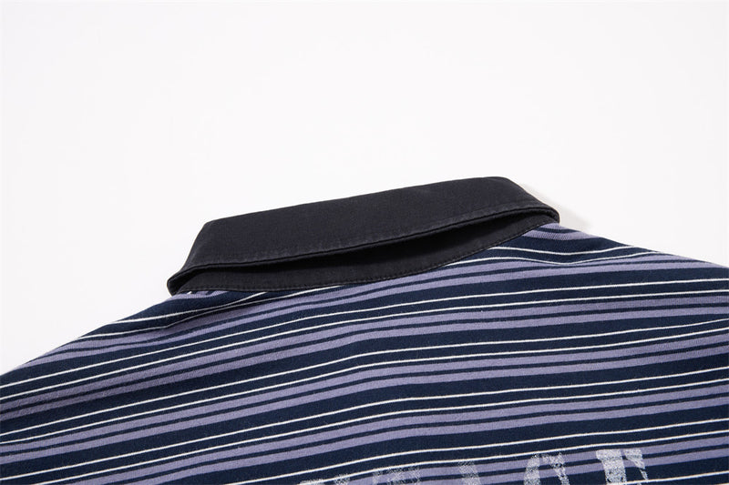 Herren-Poloshirt in Navyblau, Langarm – Vintage-Streifen, verwaschen und Relaxed Fit