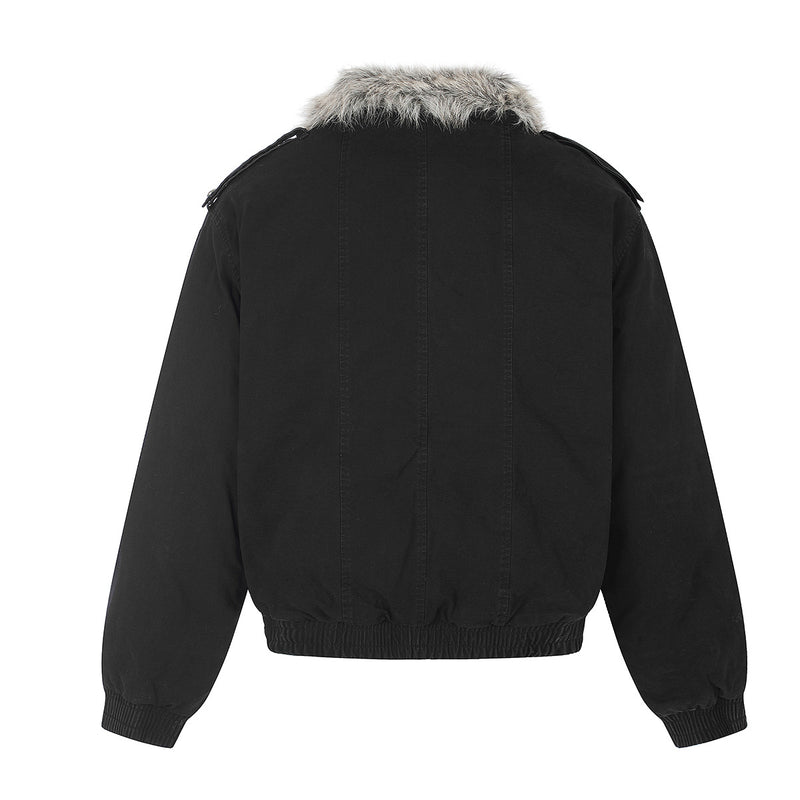 Studded Faux Fur Collar Bomber Jacket – Padded Moto-Inspired Winter Coat