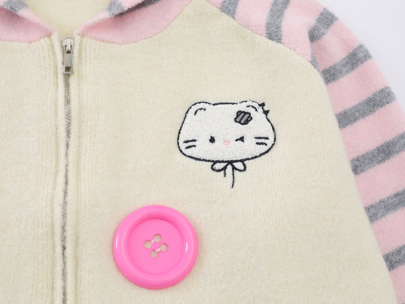 Cartoon Cat Knit Zip-Up Hoodie – Striped Colorblock Cardigan Sweater
