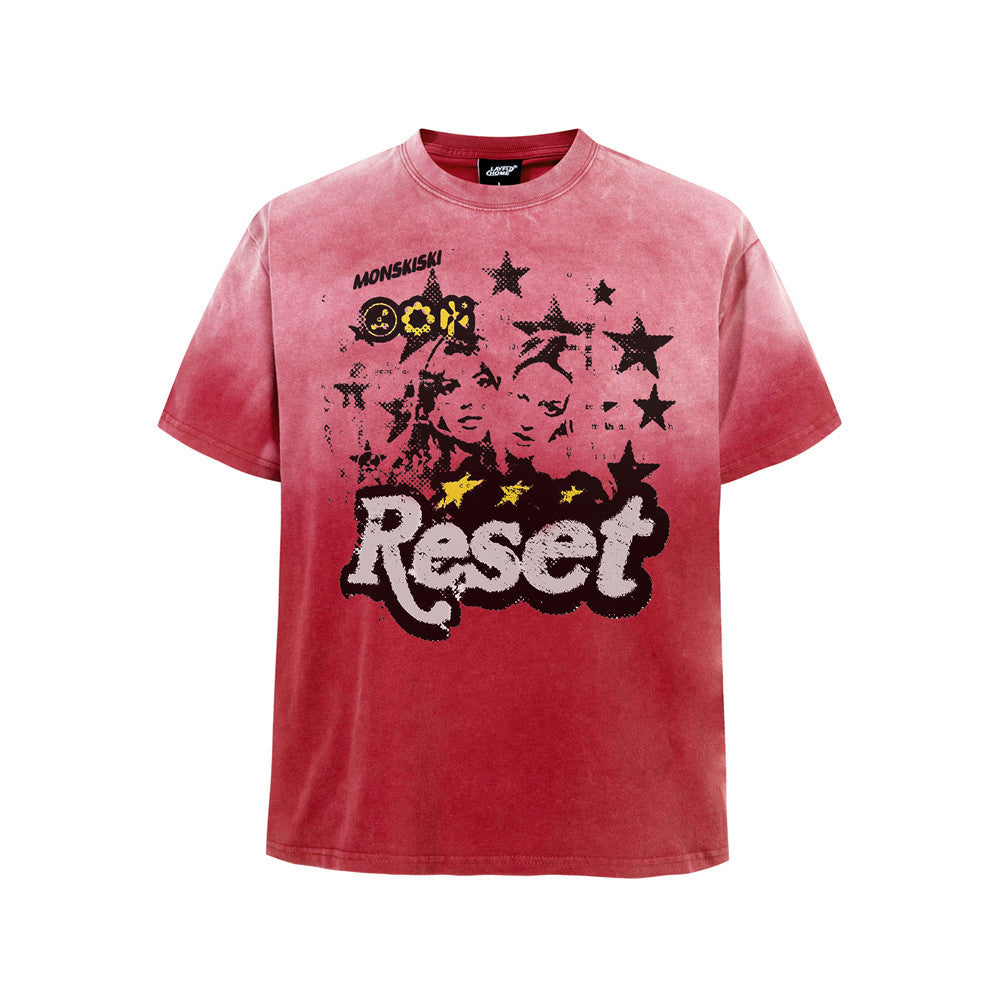 T-shirt graphique oversize délavé à l’acide, motif étoile Reset en rouge passé, gris anthracite et bleu délavé