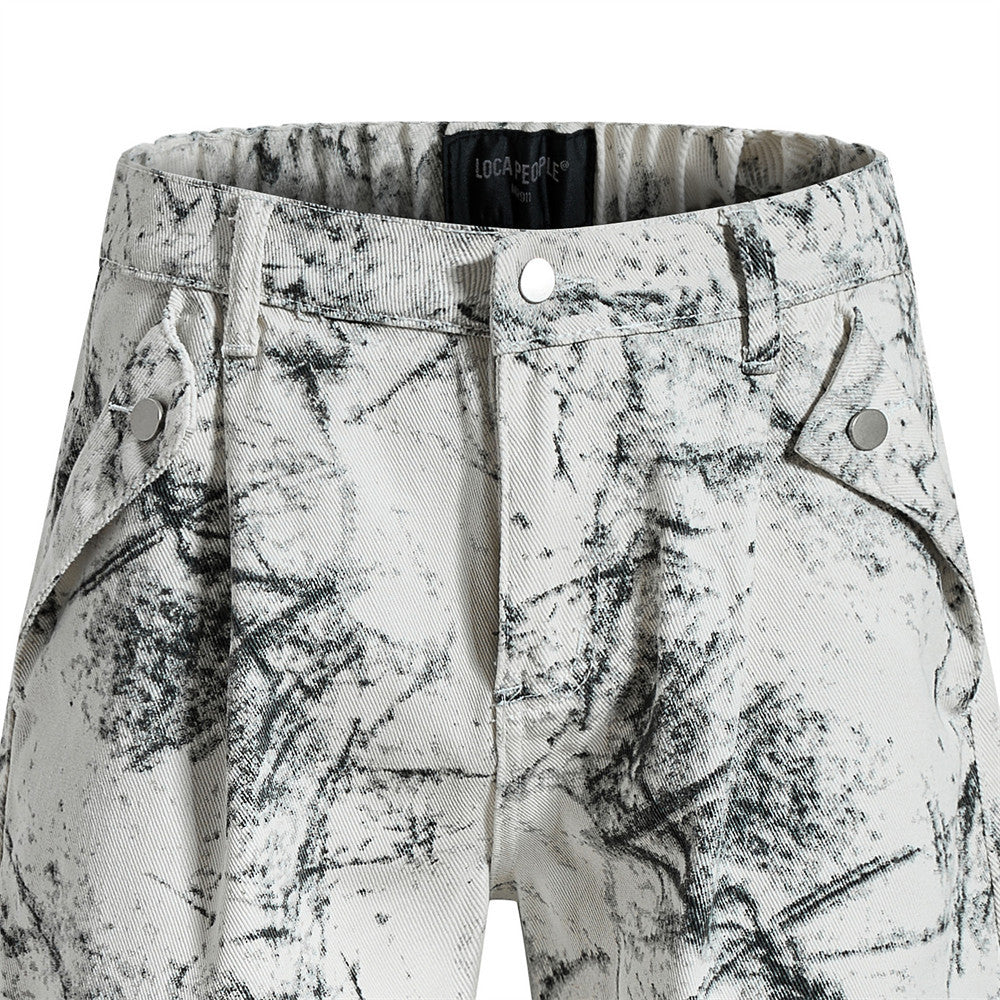 Hose mit weitem, geschwungenem Bein – Ink-Wash-Print, Falten und lockere Baggy-Passform