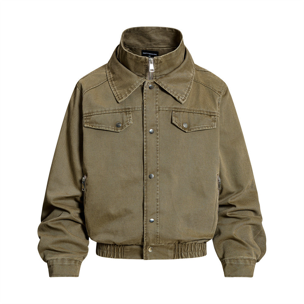 Men's Washed Denim Bomber Jacket – Oversized Fit, Double Collar & Zip Pockets