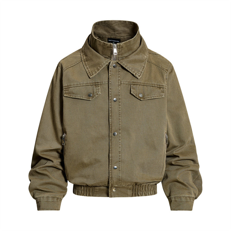 Men's Washed Denim Bomber Jacket – Oversized Fit, Double Collar & Zip Pockets