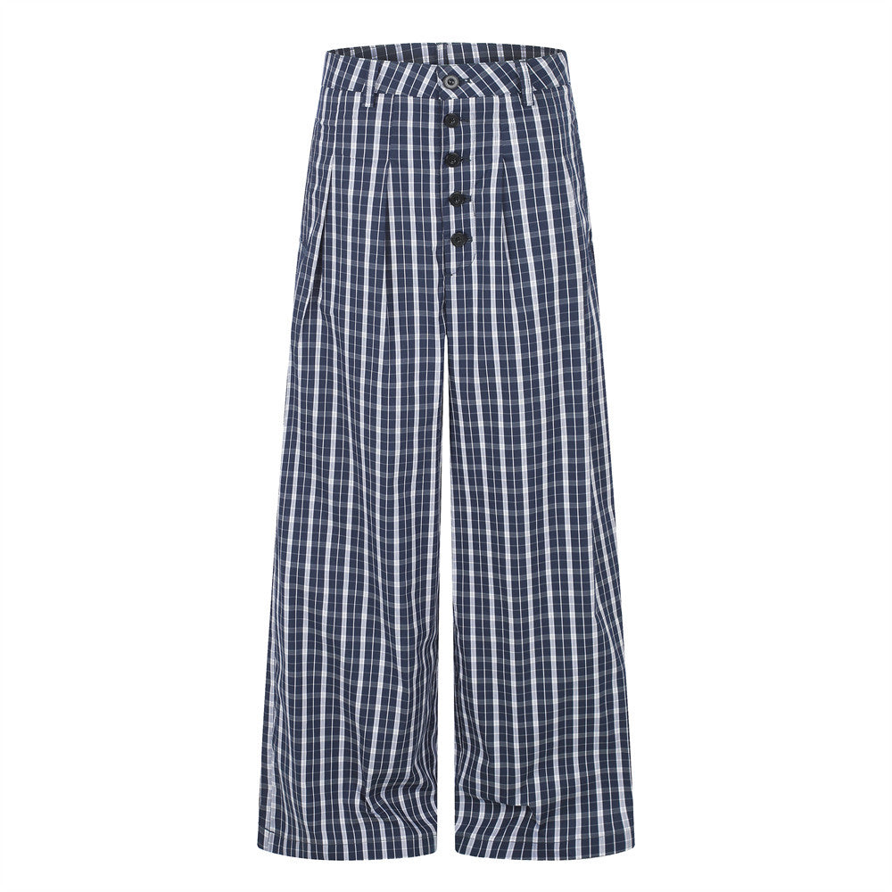 Men's navy plaid wide-leg trousers with button fly and pleated front design