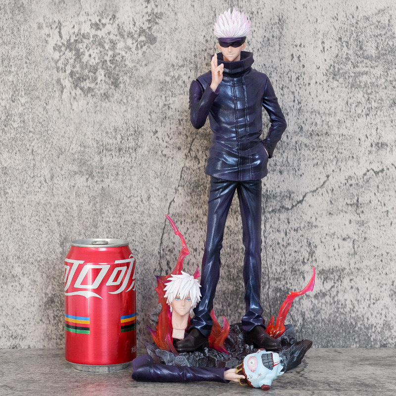 The 33 cm Jujutsu Kaisen Satoru Gojo PVC Figure features spiky white hair, sunglasses, a dark blue outfit, and comes with an alternate head and hand. It includes a cursed energy effect, portrayed by the decorative base and red can with white lettering.