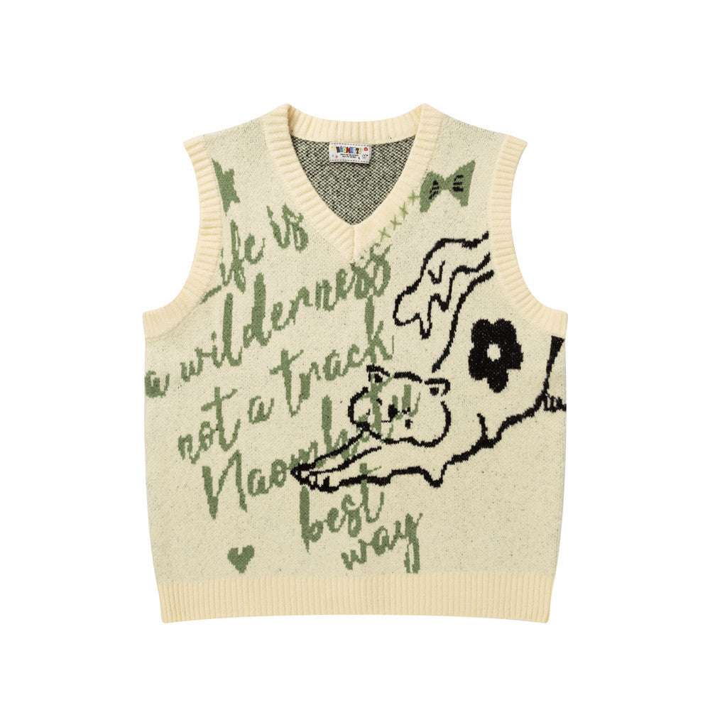 Débardeur pull oversize pour homme à col V, maille jacquard, motif ours cartoon et graphique manuscrit, coloris crème