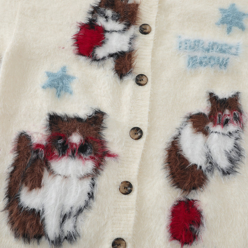 Cat Cartoon Fuzzy Knit Cardigan Sweater – Crew Neck Button-Front