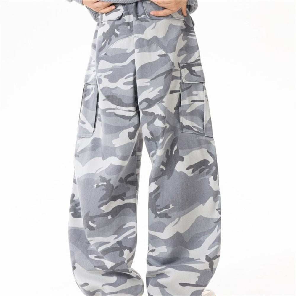Mens Baggy Cargo Jeans Wide Leg White Camo Pants