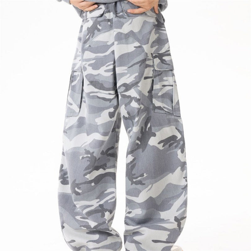 Mens Baggy Cargo Jeans Wide Leg White Camo Pants