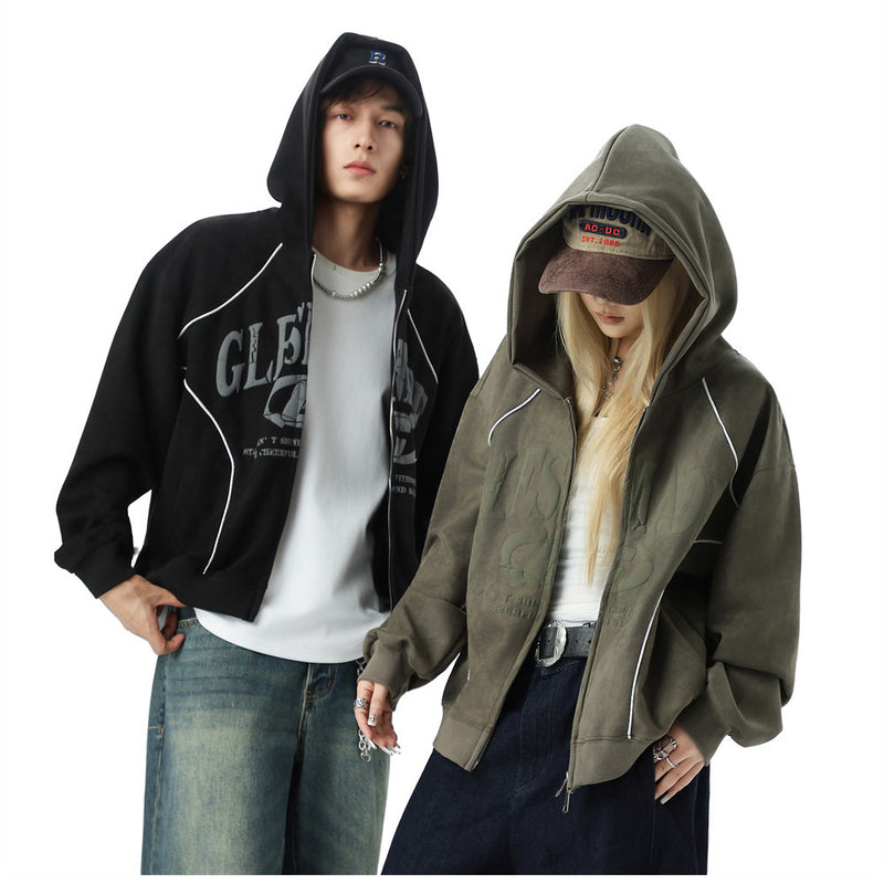 GLFSMADE Letter Print Zip-Up Hoodie – Double-Zip Oversized Streetwear Jacket