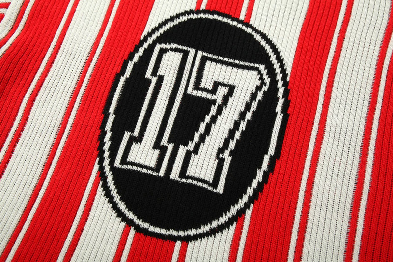Red and White Striped V-Neck Sweater – Number 17 Oversized Knit Sports Jersey