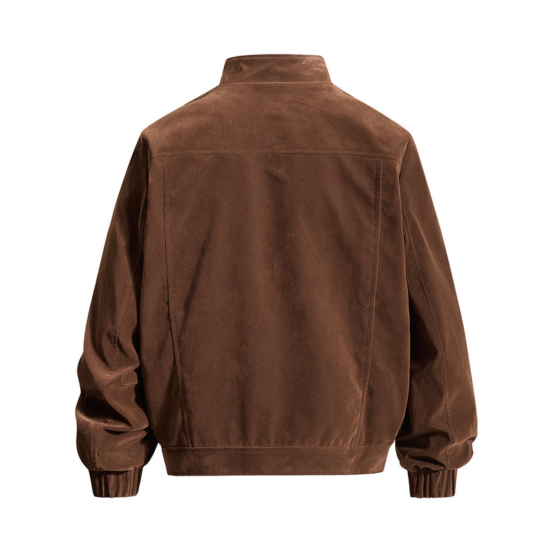 Bomber Jacket Men's Retro Suede Stand-Collar Moto Jacket with Brass Studs & Belt
