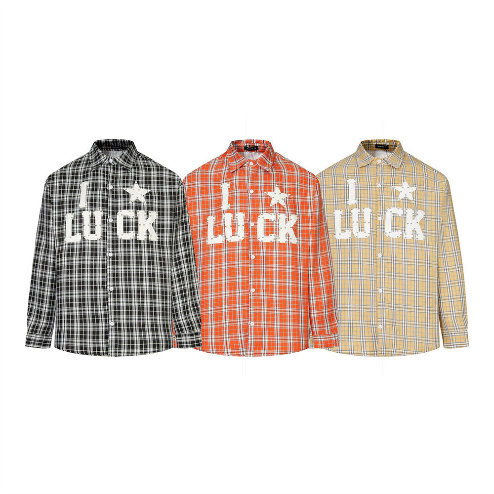 Men's Plaid Long Sleeve Shirt with LUCK Star Letter Patch