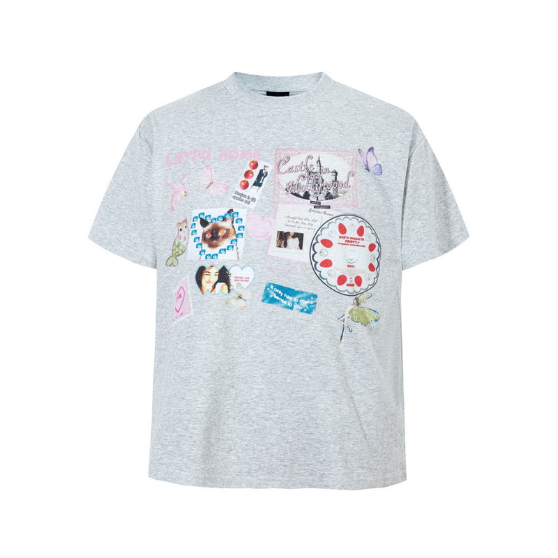 Men's Graphic Collage Print Short Sleeve T-Shirt – Crew Neck Casual Tee