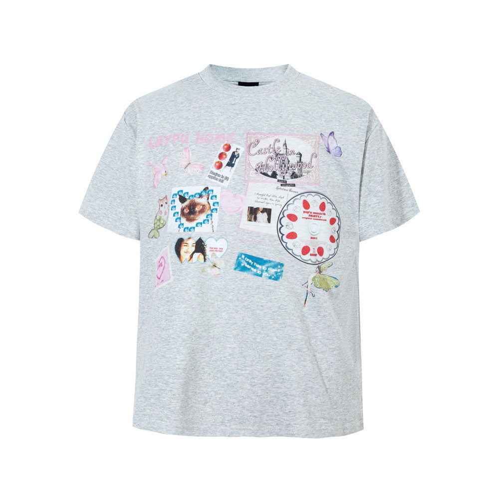 Men's black crew neck short sleeve t-shirt with collage graphic print featuring butterflies, CD disc, photo stickers, and hea