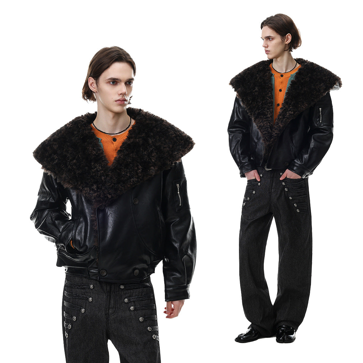 Men's Faux Shearling Collar Leather Bomber Jacket – Oversized Black Winter