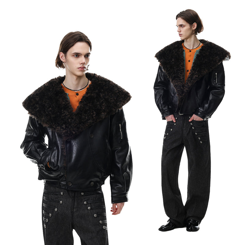 Men's Faux Shearling Collar Leather Bomber Jacket – Oversized Black Winter
