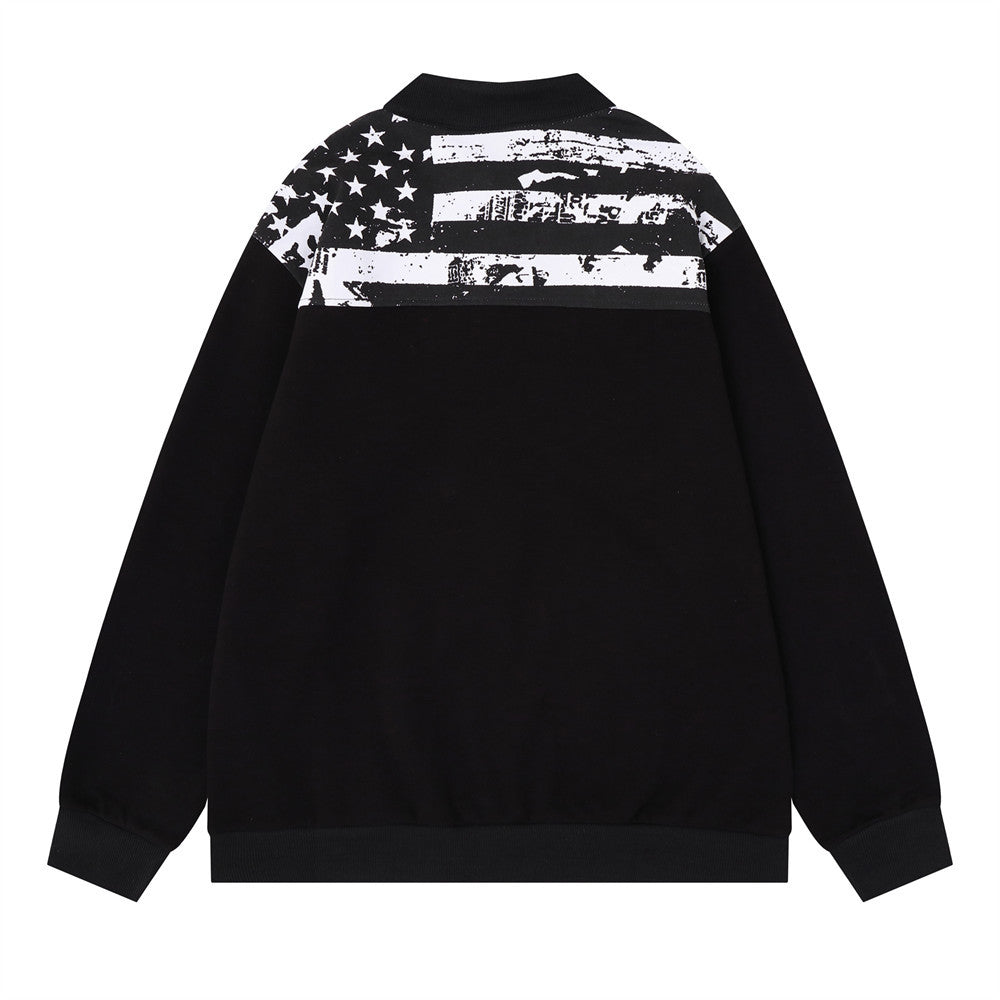 Men's Half-Button Pullover Sweatshirt with Stars & Stripes Flag Print Back