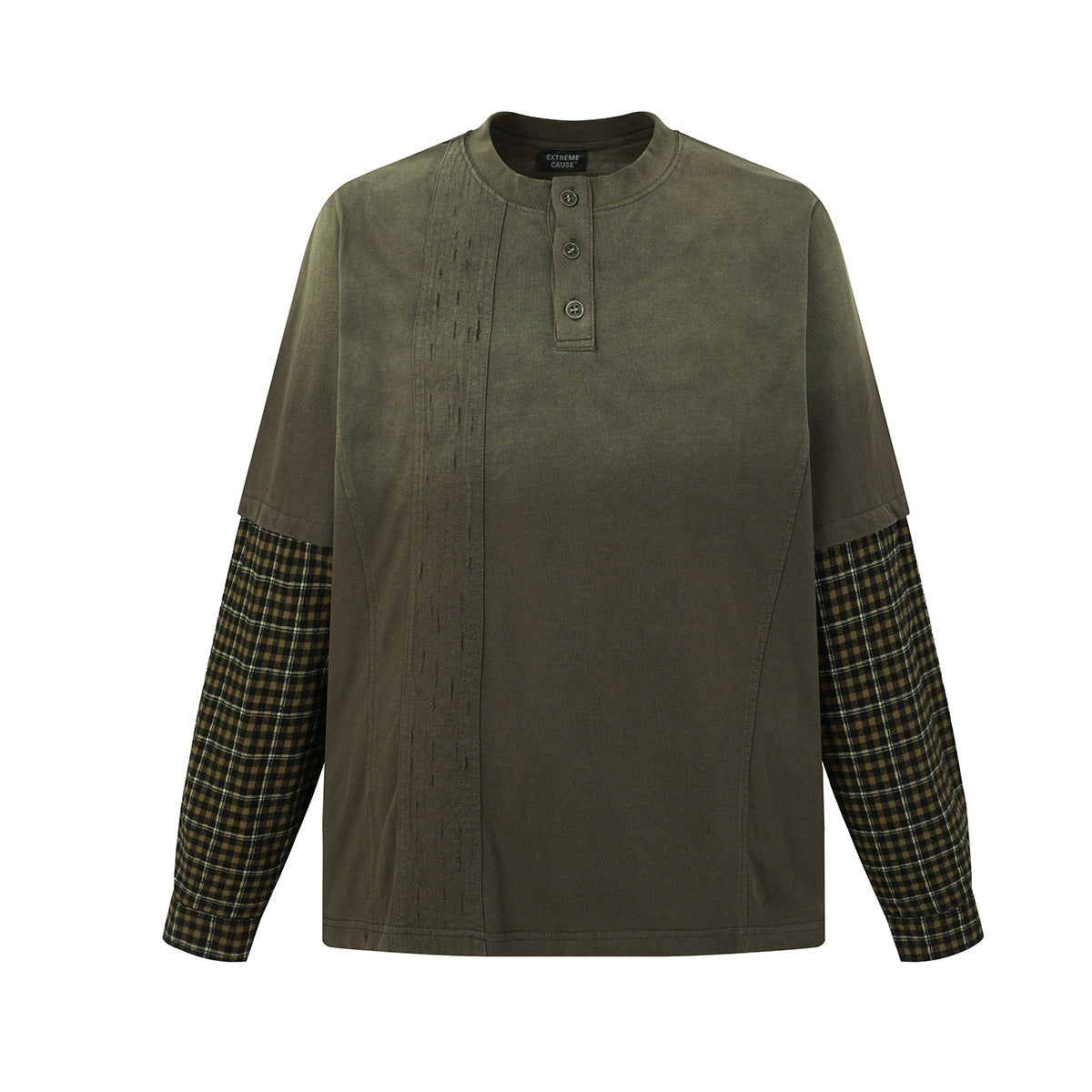 Camiseta Henley de manga larga en verde oliva con lavado ácido, mangas de cuadros oscuros a contraste y detalle delantero de pinzas, vista frontal