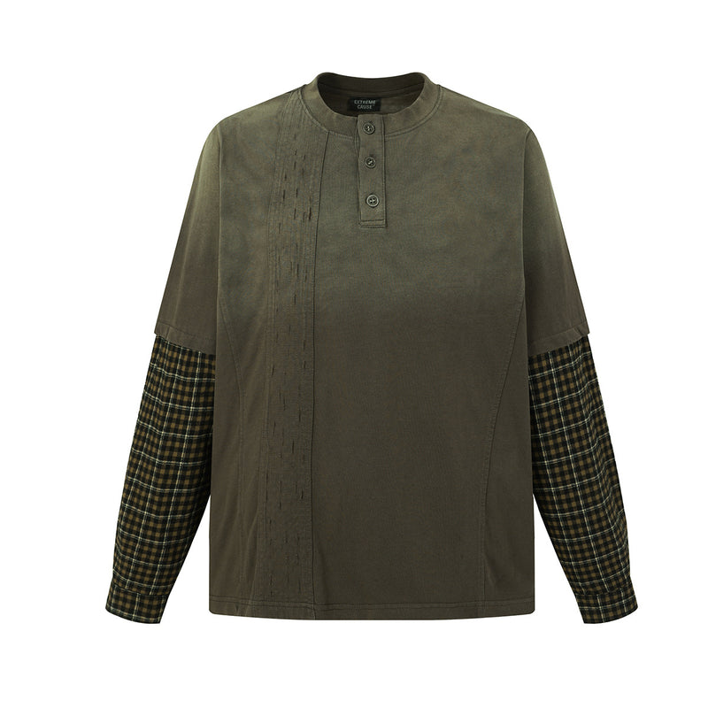 Acid wash olive green Henley long sleeve shirt with dark plaid contrast sleeves and pintuck front detail, front view