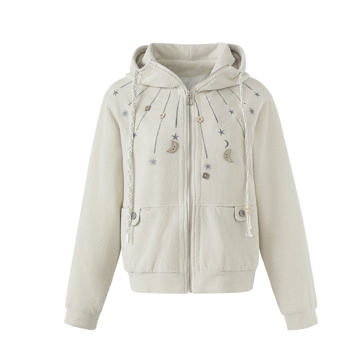 Celestial Moon & Star Embroidered Zip-Up Hoodie Jacket with Hanging Charms