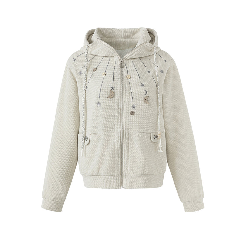 Celestial Moon & Star Embroidered Zip-Up Hoodie Jacket with Hanging Charms