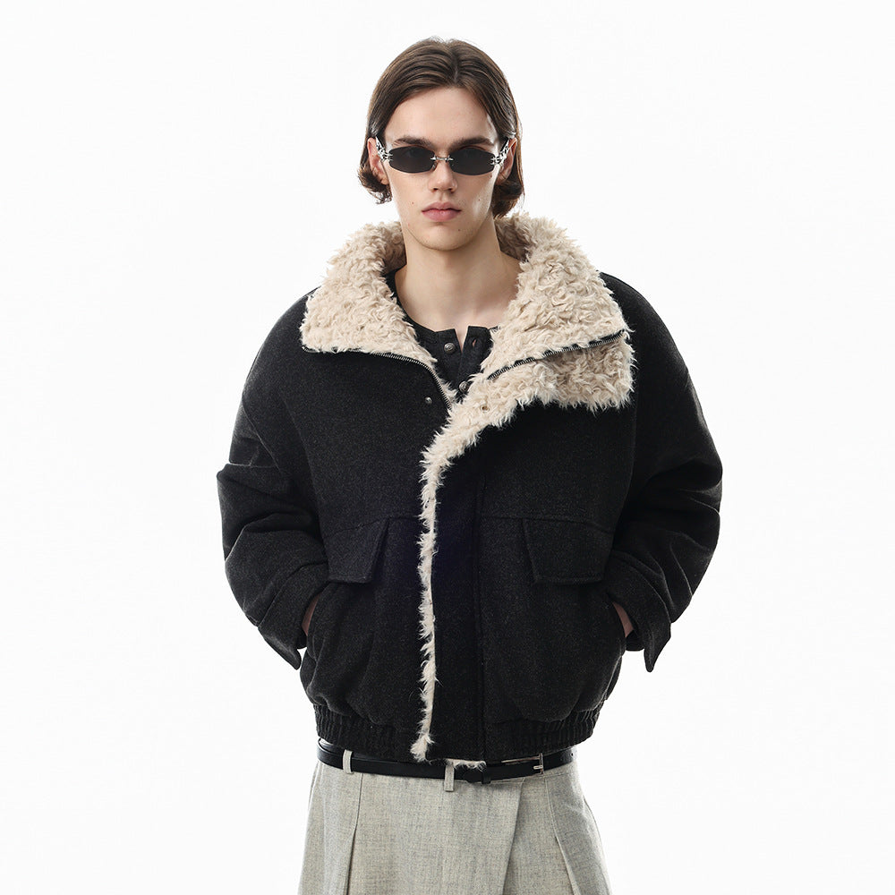 Men's oversized wool-blend bomber jacket with sherpa lining and stand collar in charcoal black