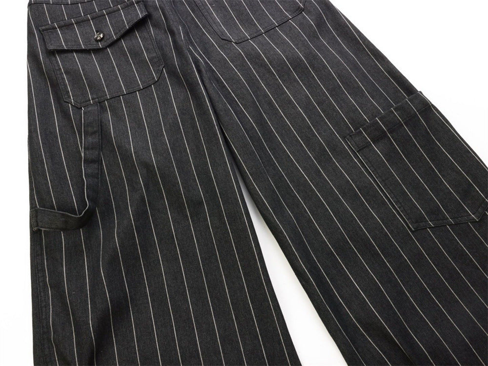Wide-Leg Pinstripe Cargo Pants – Oversized Silhouette with Irregular Pockets