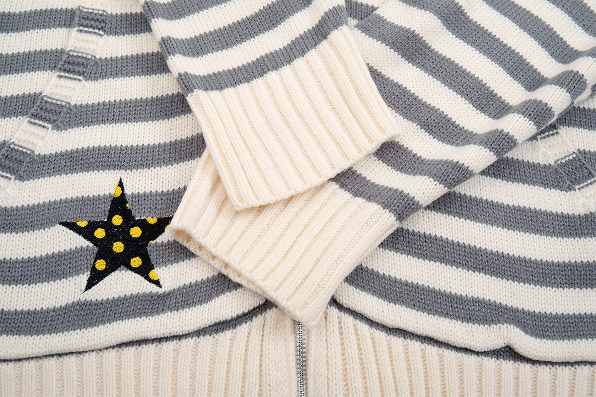 Y2K-Kapuzenjacke mit Reißverschluss – gestreifte Strickjacke mit Katzen- und Sternenstickerei
