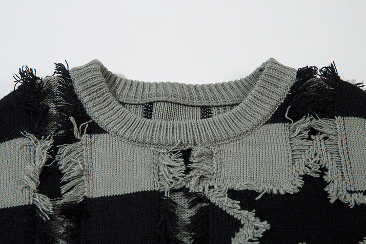 Pull oversize en maille rayée à étoiles délavée – Col rond à franges