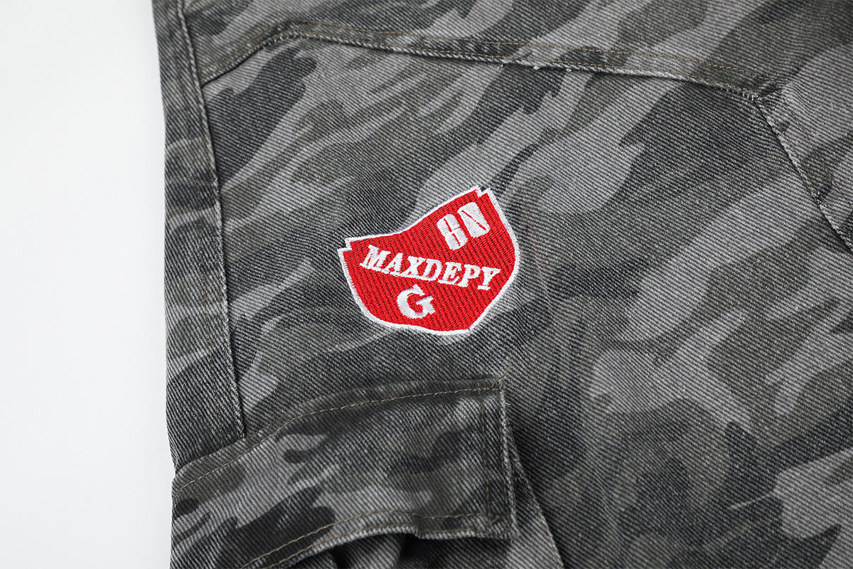 Camo Wide-Leg Cargo Denim Pants with Varsity Patches