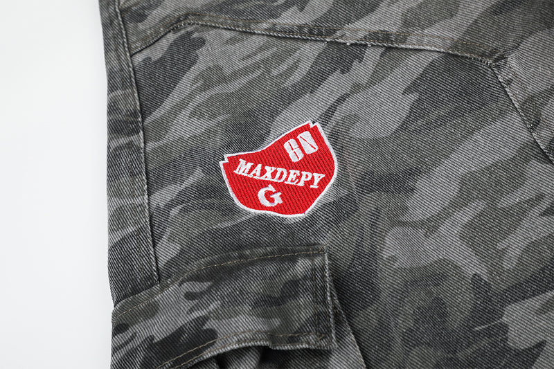 Camo Wide-Leg Cargo Denim Pants with Varsity Patches