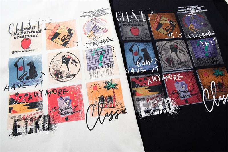 T-shirt graphique homme à manches longues – Imprimé collage en neuf panneaux, col rond décontracté