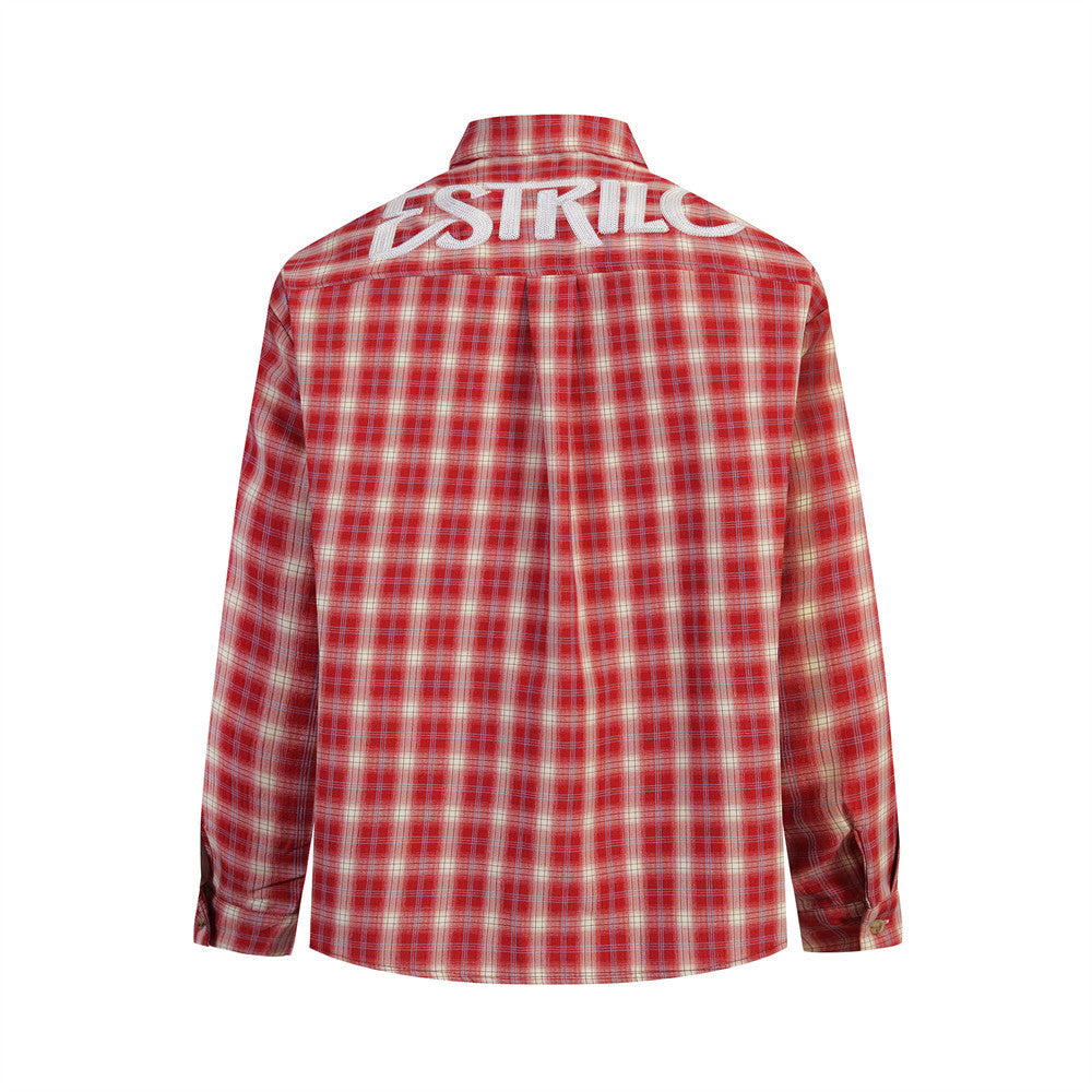 Red plaid button-down shirt back view with large white embroidered logo across the shoulders