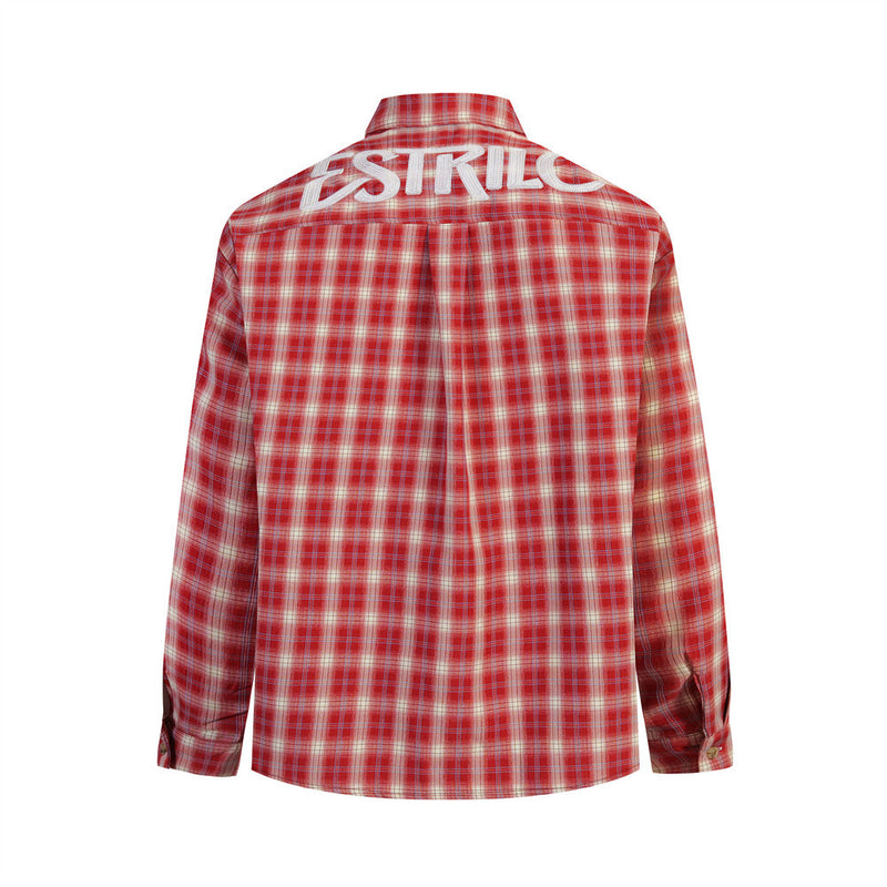 Red plaid button-down shirt back view with large white embroidered logo across the shoulders