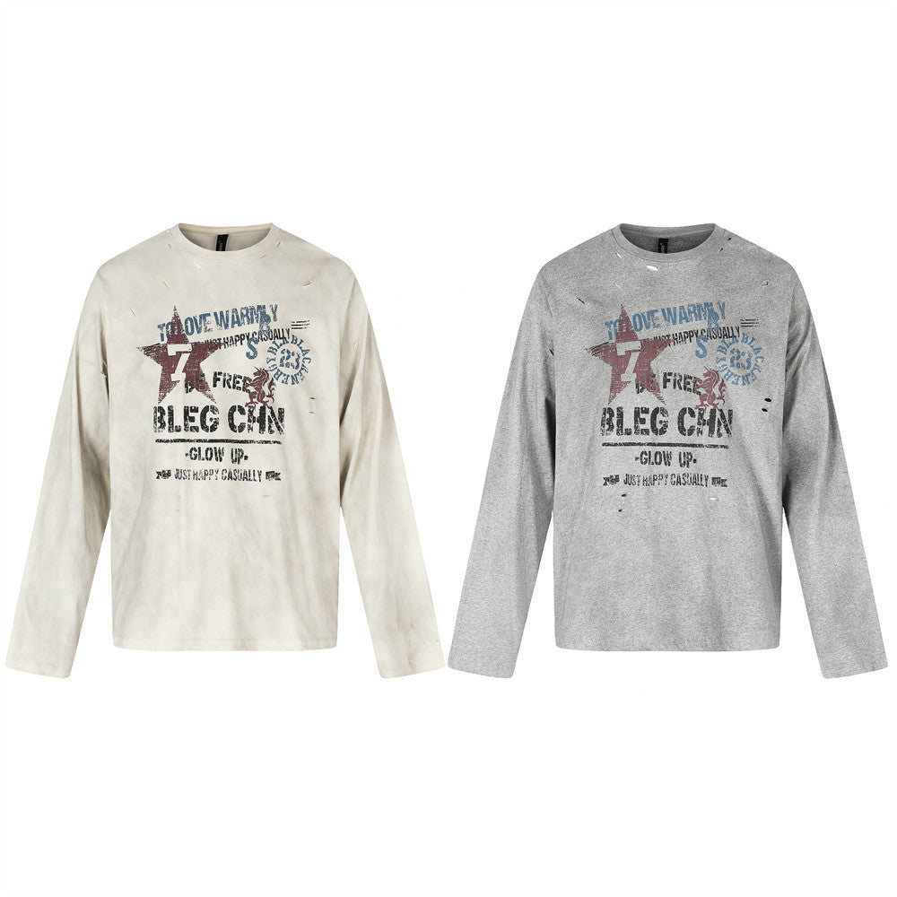 Men's Crew Neck Long Sleeve Distressed Graphic Tee – Vintage Star Print, Washed