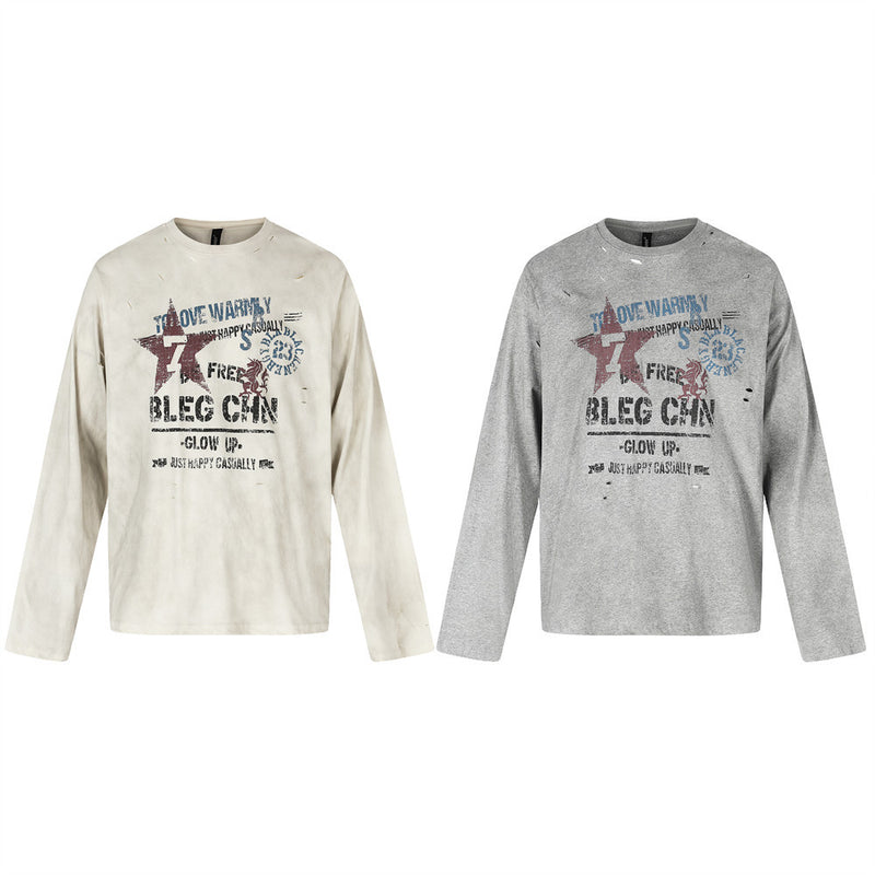 Men's Crew Neck Long Sleeve Distressed Graphic Tee – Vintage Star Print, Washed