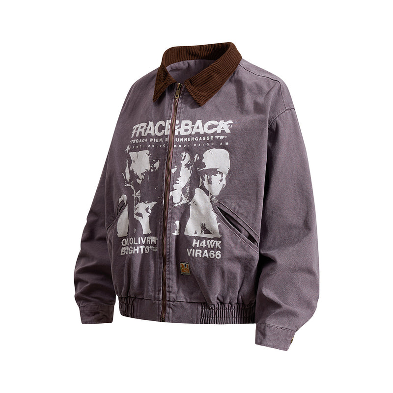 Traceback Graphic Washed Canvas Bomber Jacket with Corduroy Collar