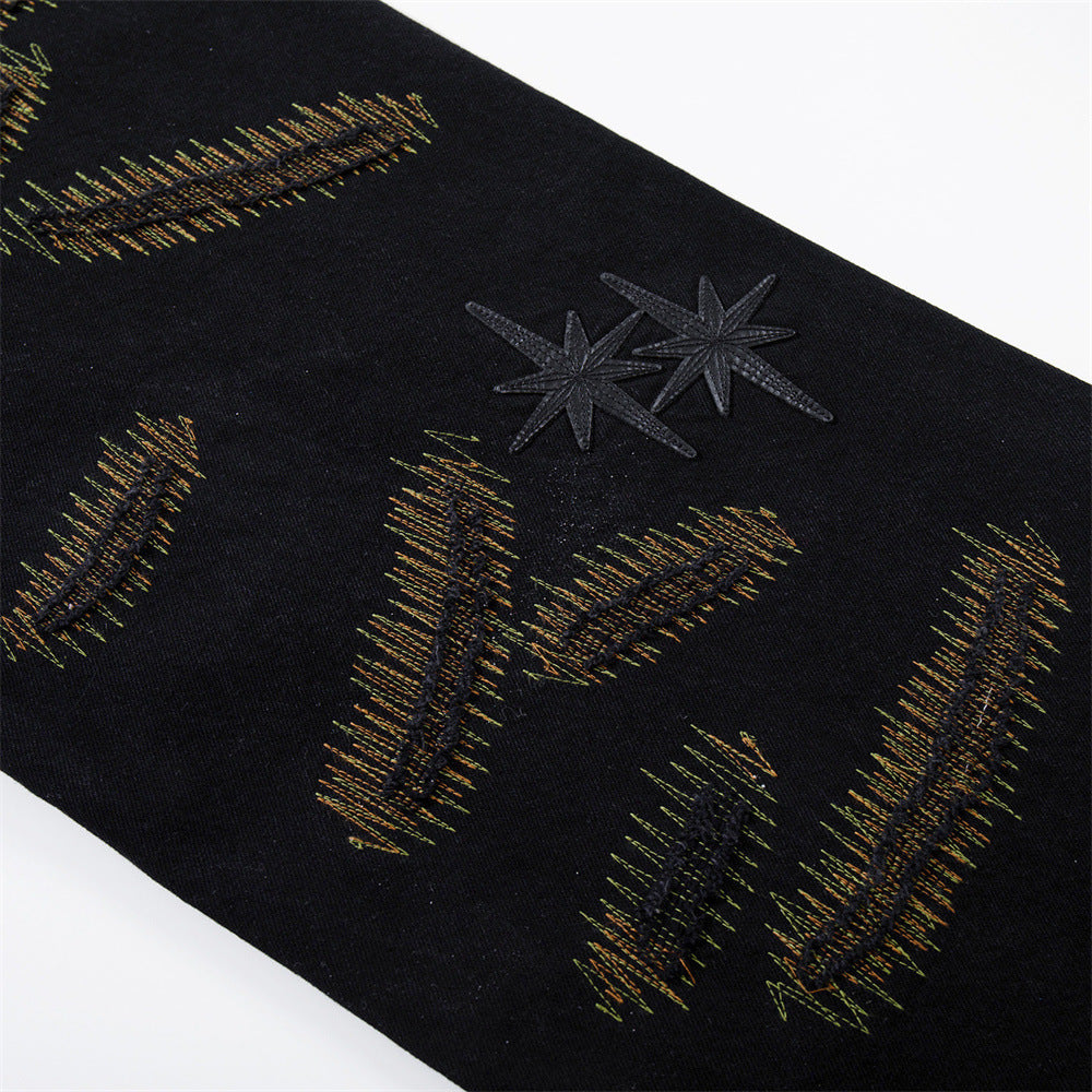 Wide-Leg Jeans with Chaotic Needle Embroidery & Star Patches