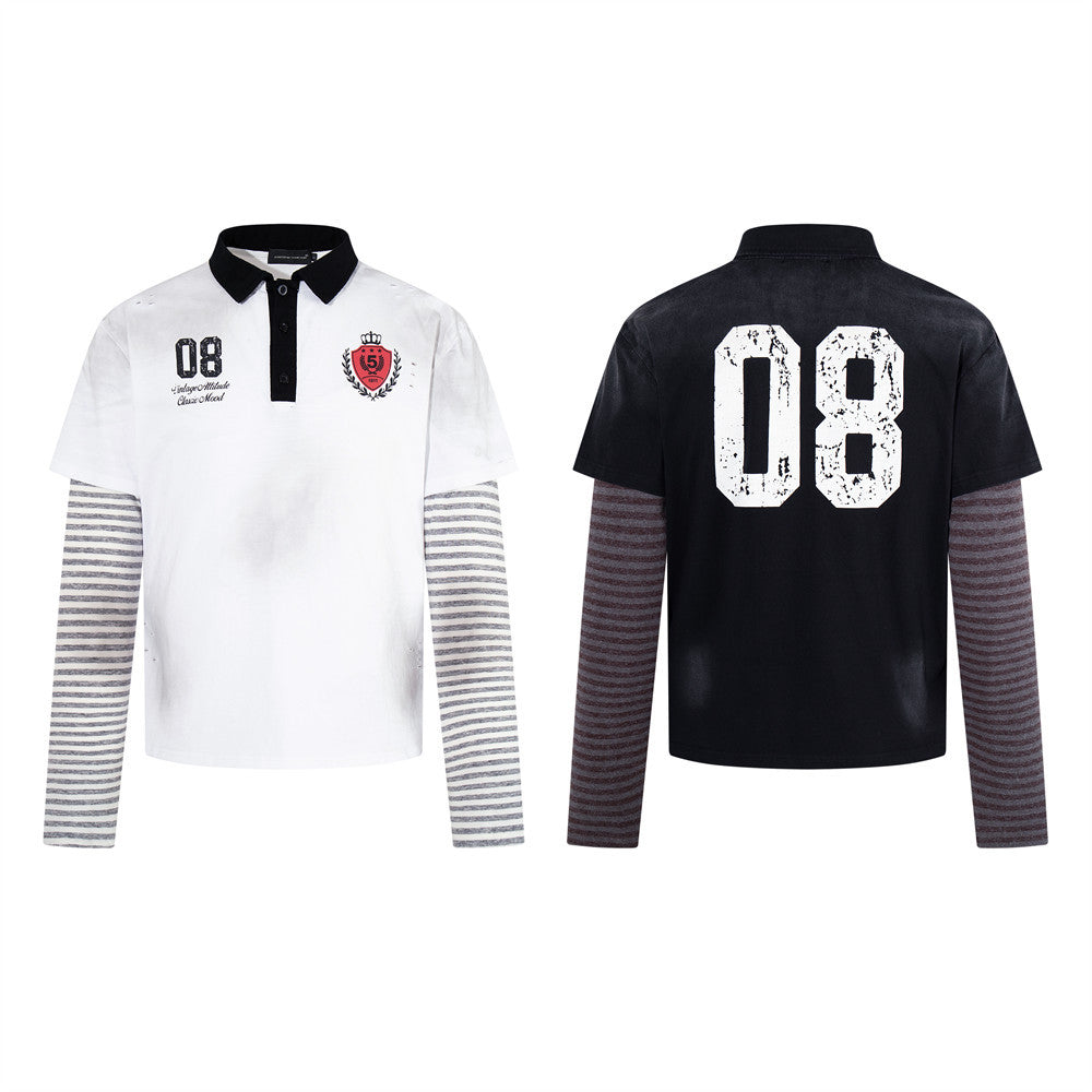 Men's Faux Two-Piece Polo Shirt with Striped Long Sleeves and Distressed Print