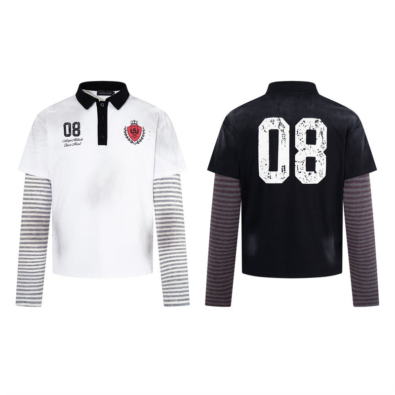 Men's Faux Two-Piece Polo Shirt with Striped Long Sleeves and Distressed Print