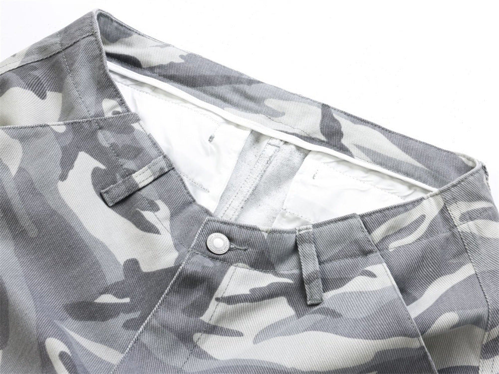 Mens Baggy Cargo Jeans Wide Leg White Camo Pants