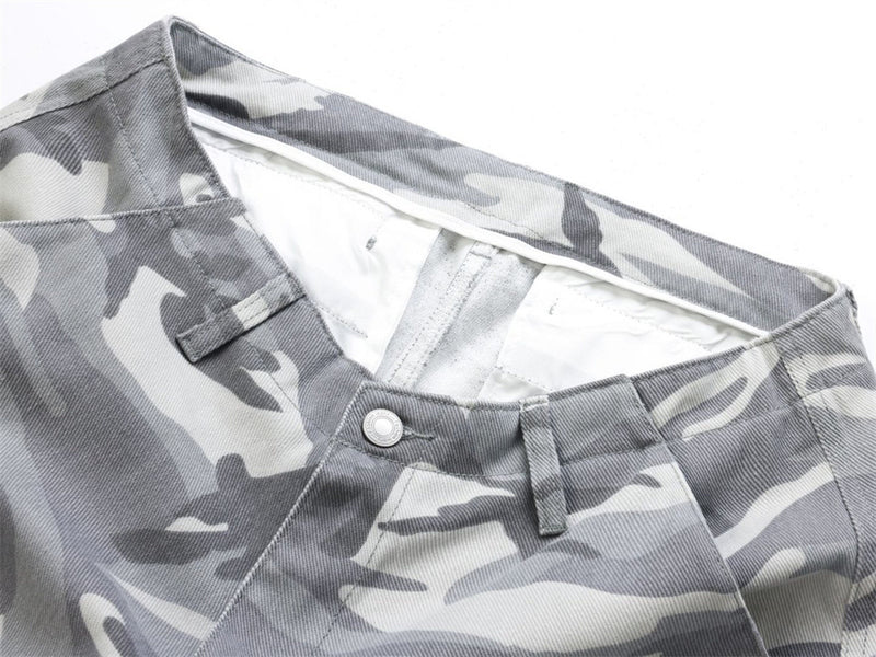 Mens Baggy Cargo Jeans Wide Leg White Camo Pants