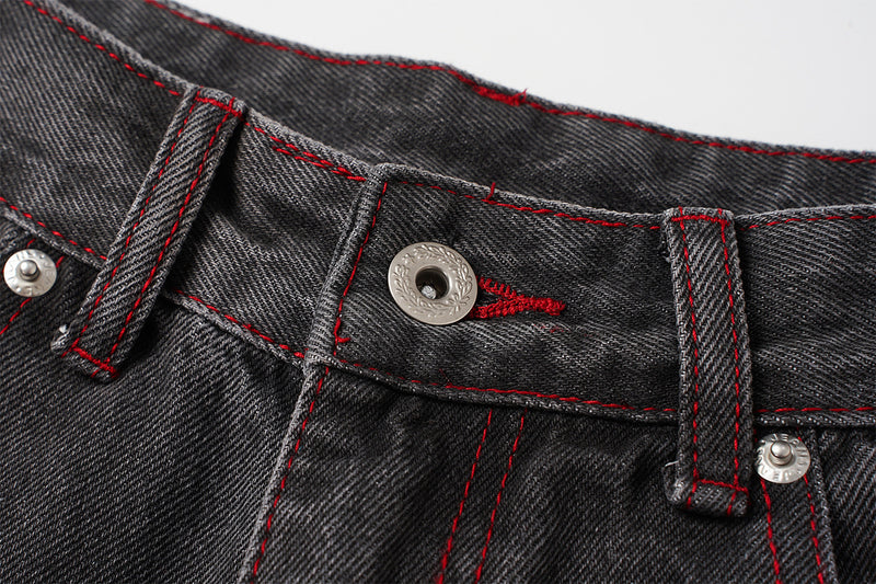 Wide-Leg Jeans Washed Black Gothic Wing Print with Red Contrast Stitching