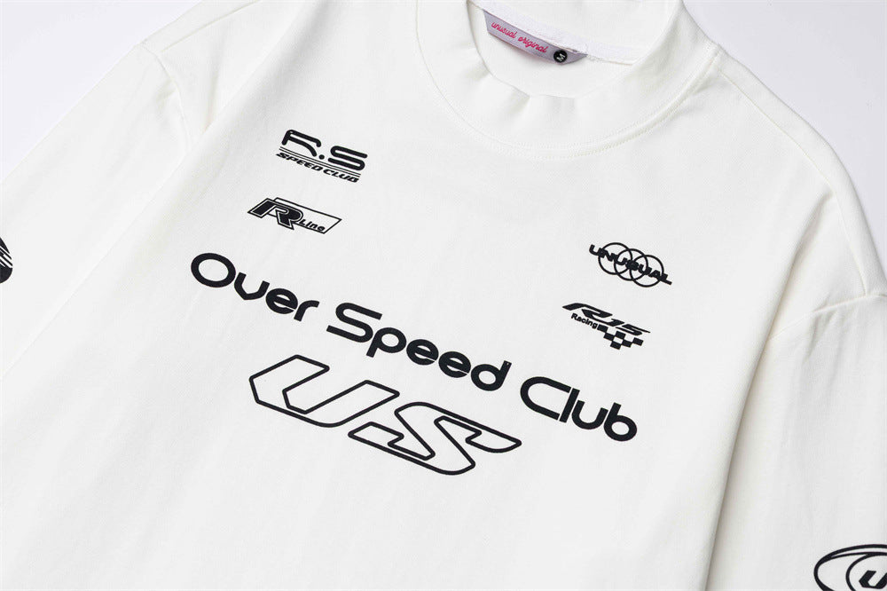 Over Speed Club Long Sleeve Graphic Tee – Mock Neck Racing Print Shirt