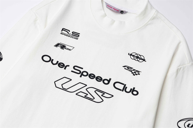 Over Speed Club Long Sleeve Graphic Tee – Mock Neck Racing Print Shirt